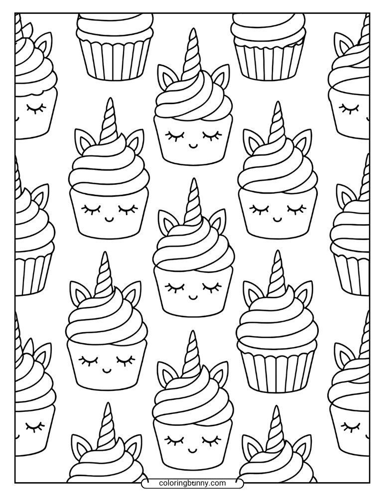 Unicorn cupcake coloring sheet showing a seamless pattern of cupcakes with unicorn horns and closed eyes, arranged in neat rows.