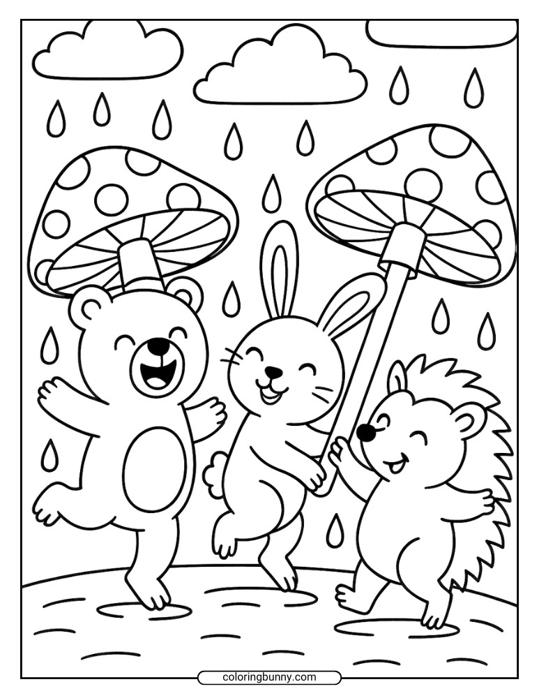 A cheerful bear, rabbit, and hedgehog dance joyfully in the rain while holding large spotted mushrooms as umbrellas, surrounded by falling raindrops and clouds. A fun and imaginative mushroom coloring page for kids.