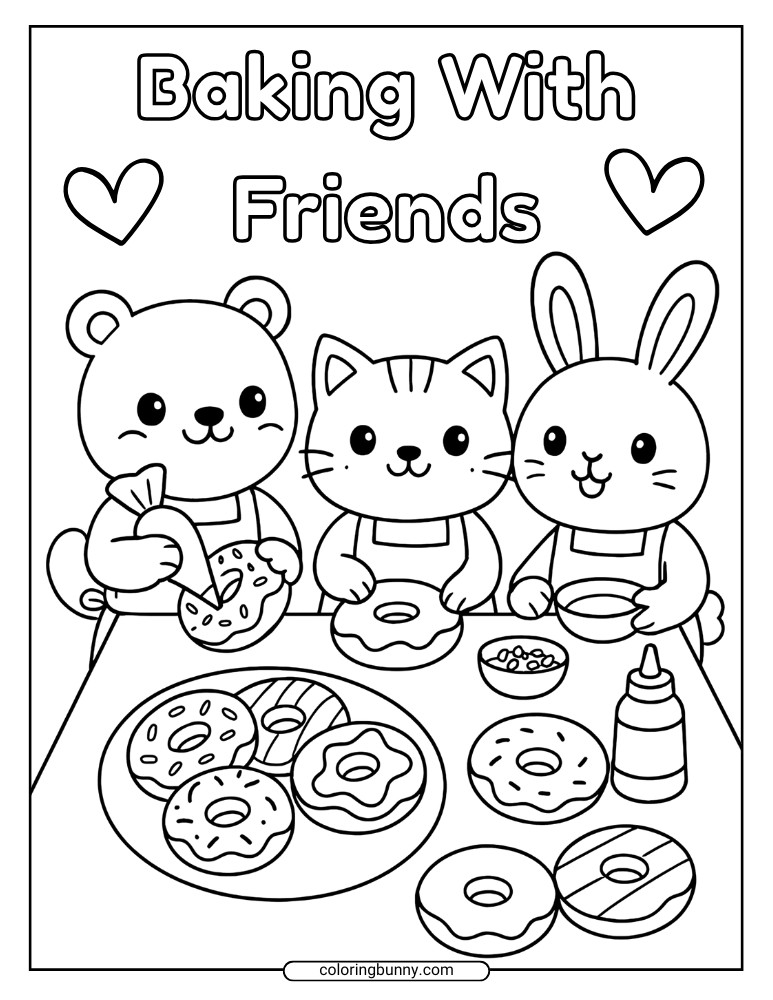 Donut coloring sheet with a bear, cat, and bunny sitting at a table full of donuts, frosting, sprinkles, and baking supplies, with the words Baking With Friends above them.