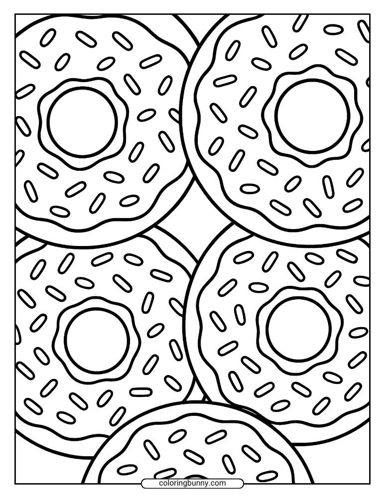 Donut coloring page of extra-large frosted donuts topped with sprinkles, arranged in an overlapping pattern that fills the entire page