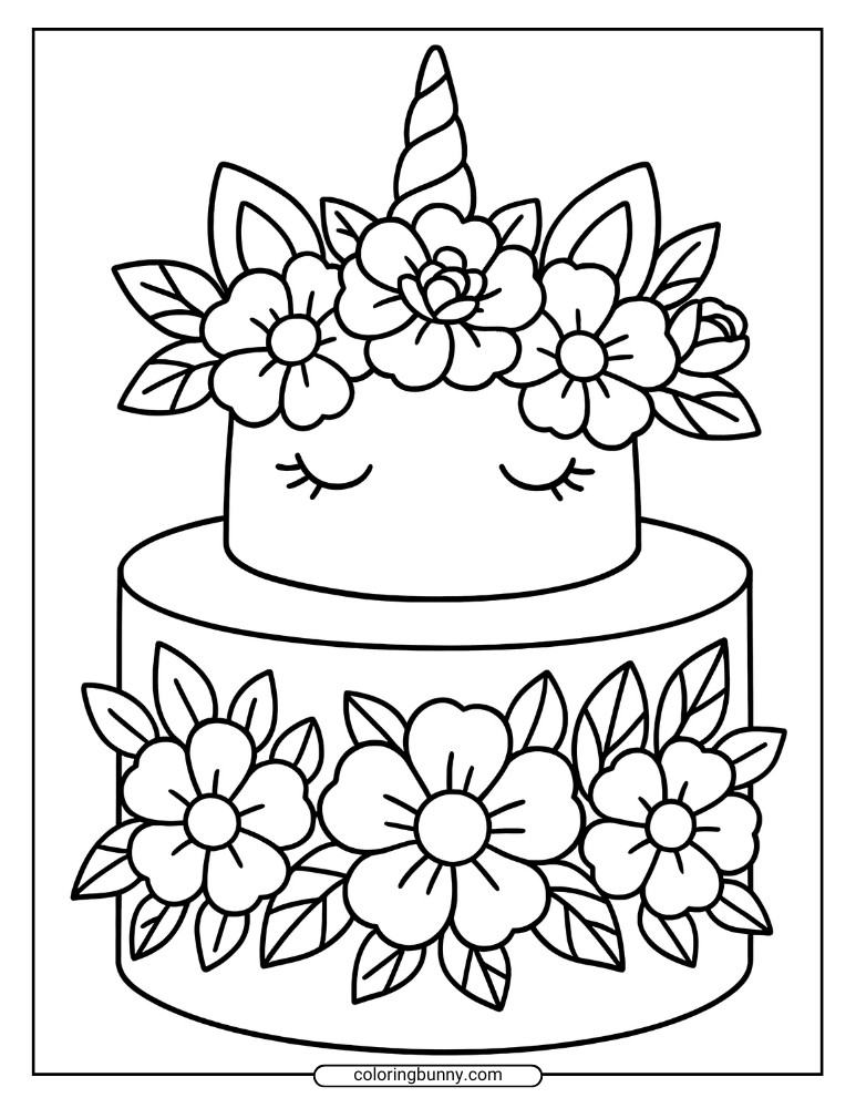 A coloring sheet of a unicorn cake decorated with large blooms and leafy accents, giving it a fresh, nature-inspired style.