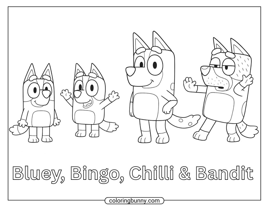 Coloring page featuring a full-body outline of the entire Heeler family, including Bluey, Bingo, Chilli, and Bandit, all standing together in a line.