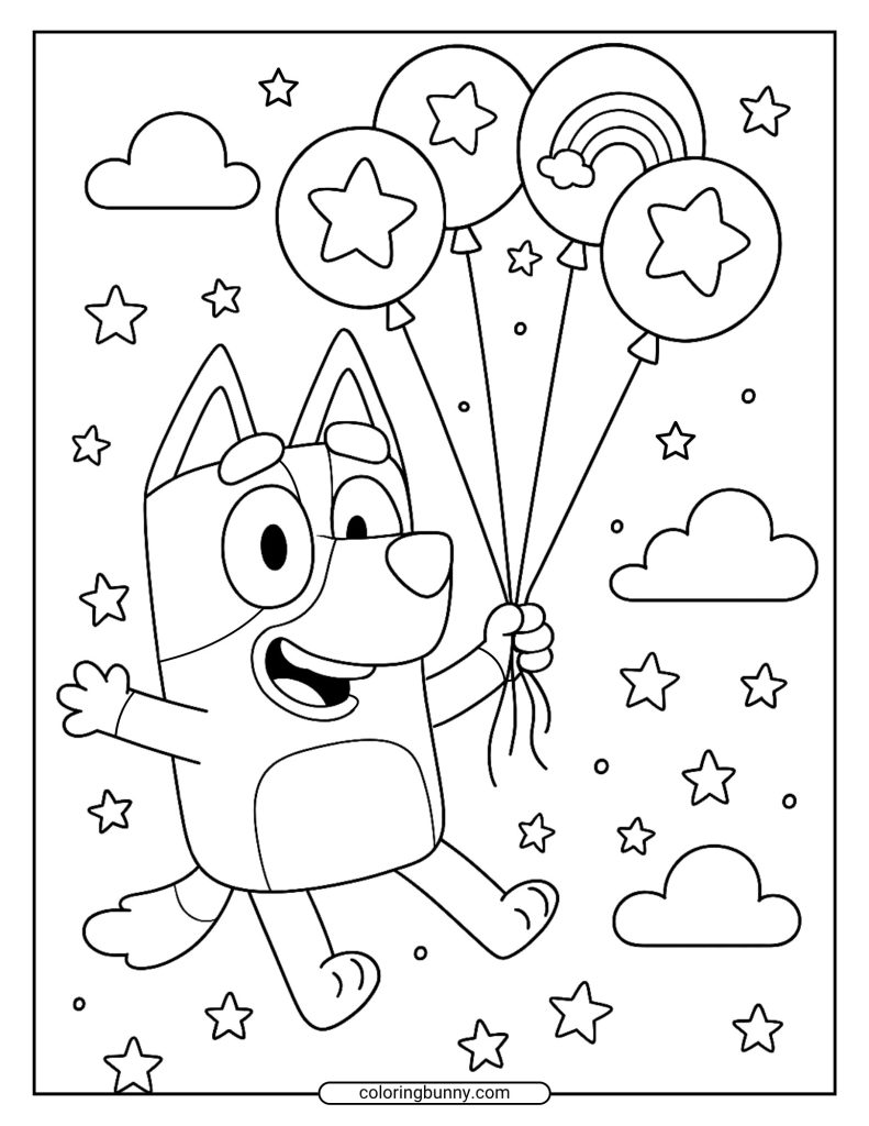Coloring page showing Bluey floating with five balloons, three featuring stars, one with a rainbow, amid scattered clouds and stars.
