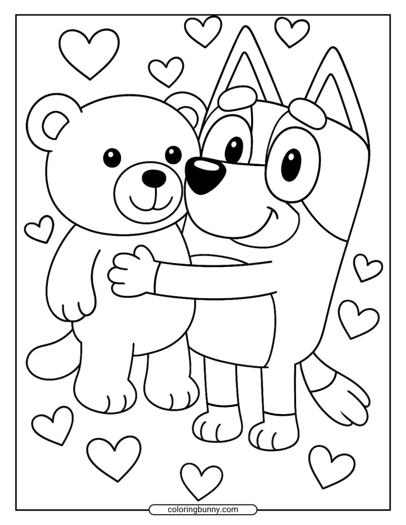 Coloring page featuring Bluey hugging a teddy bear, hearts scattered around them.