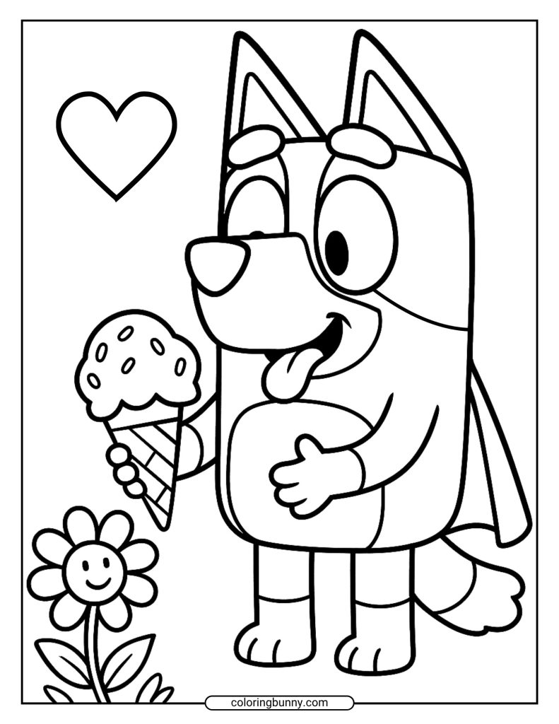 A coloring page of Bluey holding a sprinkled ice-cream cone, tongue ready to lick; smiling flower below and a heart shape in the background.