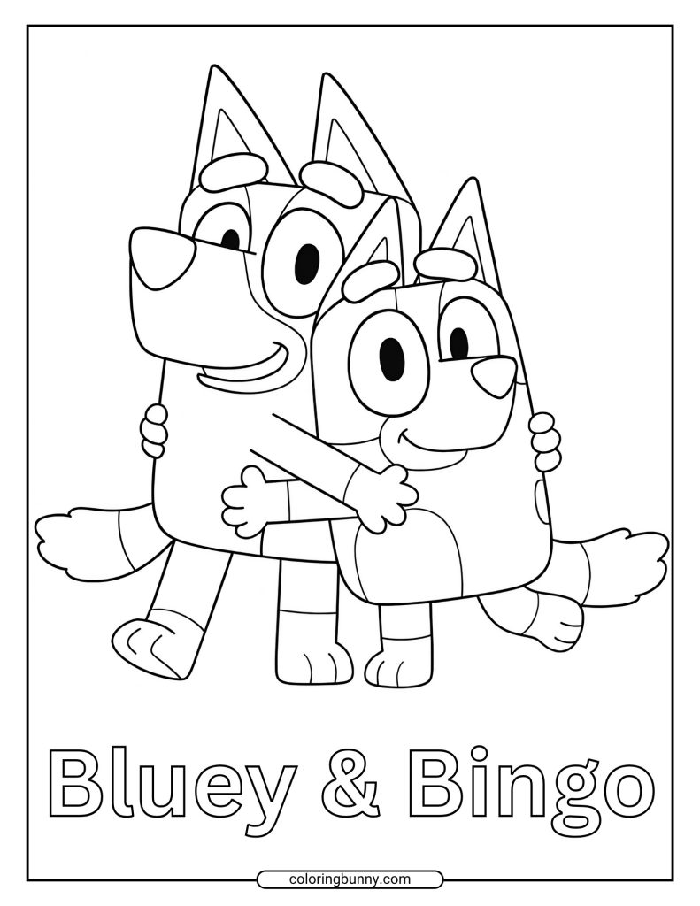 Coloring page showing Bluey and her sister Bingo hugging each other, with the words "Bluey & Bingo" printed below them.