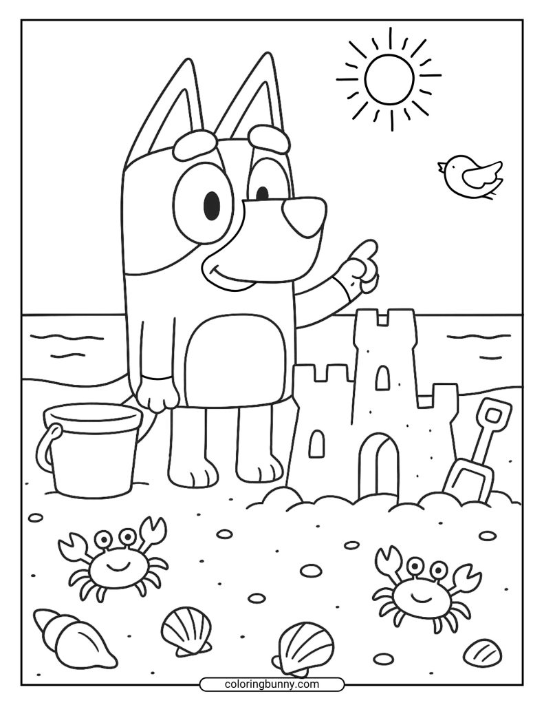 Coloring page of Bluey at the beach pointing at a sandcastle and sea creatures