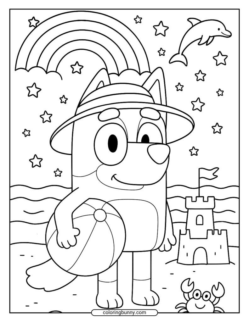 A coloring page of Bluey wearing a wide beach hat, holding a beach ball on the shore; rainbow overhead, dolphin jumping, sandcastle, crab, and star shapes around.