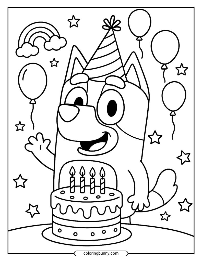 Bluey birthday party coloring page with balloons, a rainbow, and a cake topped with candles