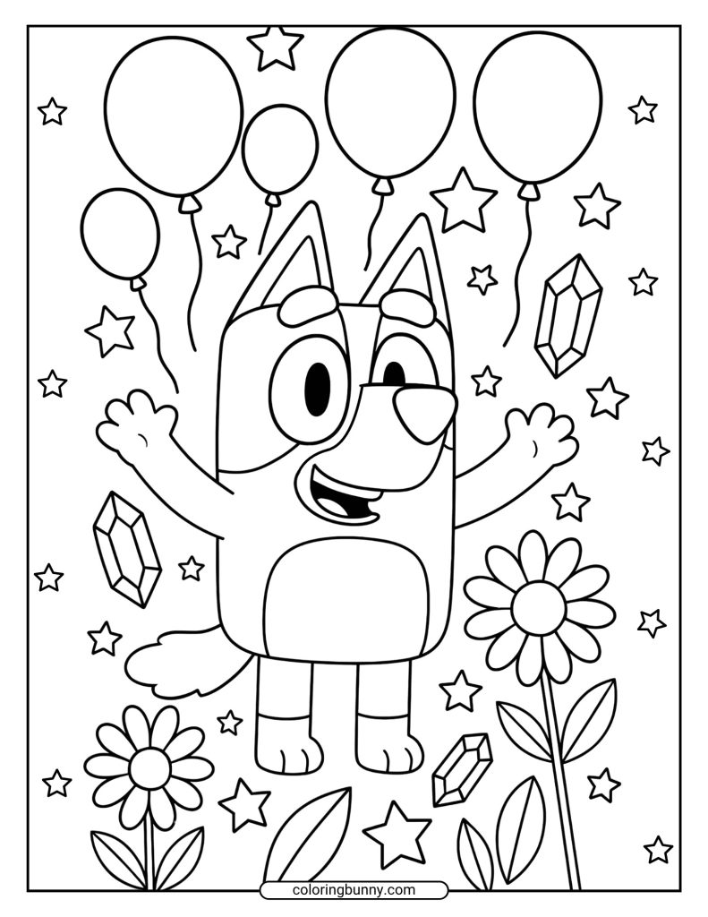 Coloring page of Bluey celebrating with her arms up in the air, with balloons, flowers, stars, and gems surrounding her.