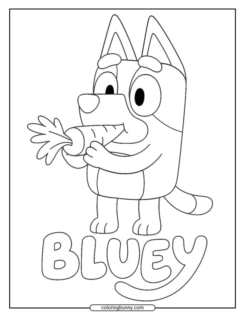 Bluey coloring page with Bluey munching on a large carrot