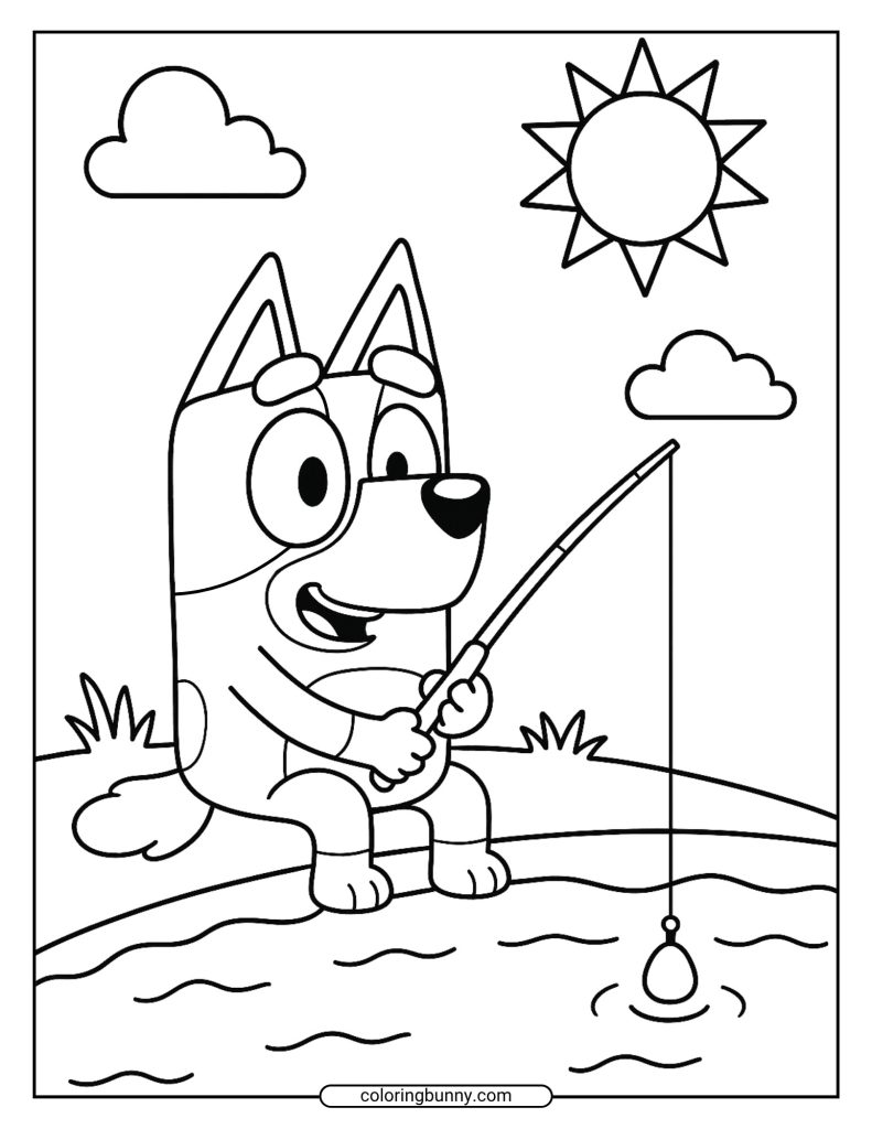 Coloring page of Bluey sitting by a lake, holding a fishing rod on a sunny day with clouds in the sky.