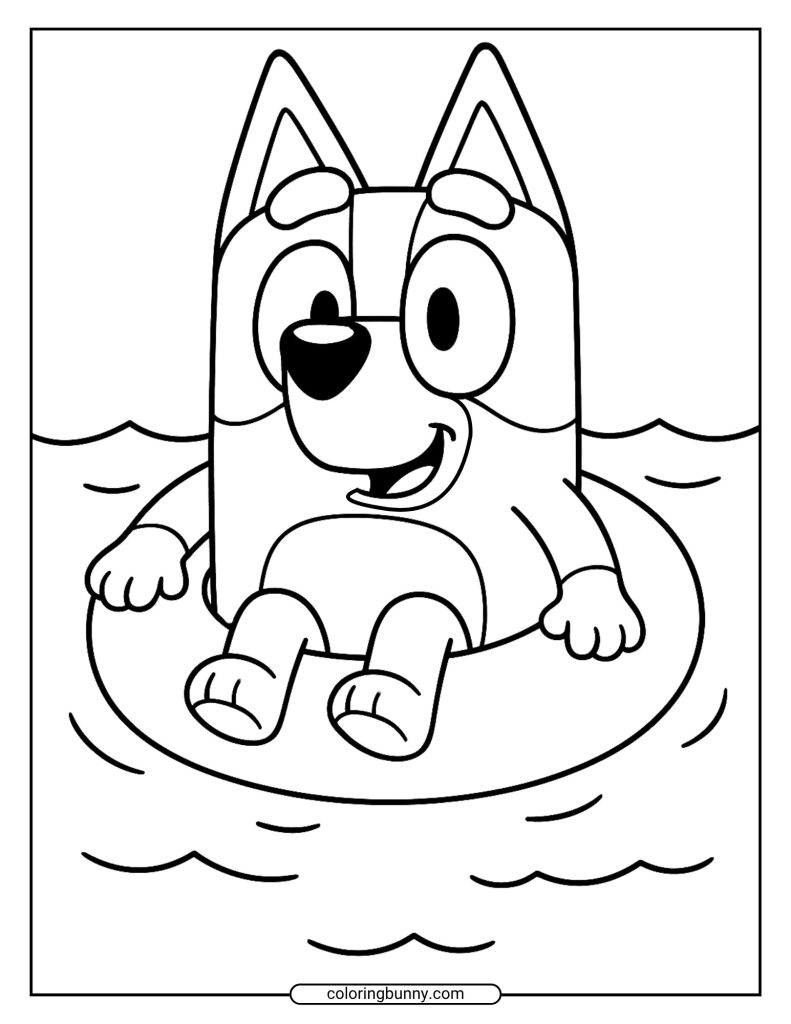 A free printable coloring page of Bluey happily floating in a pool ring in the water.