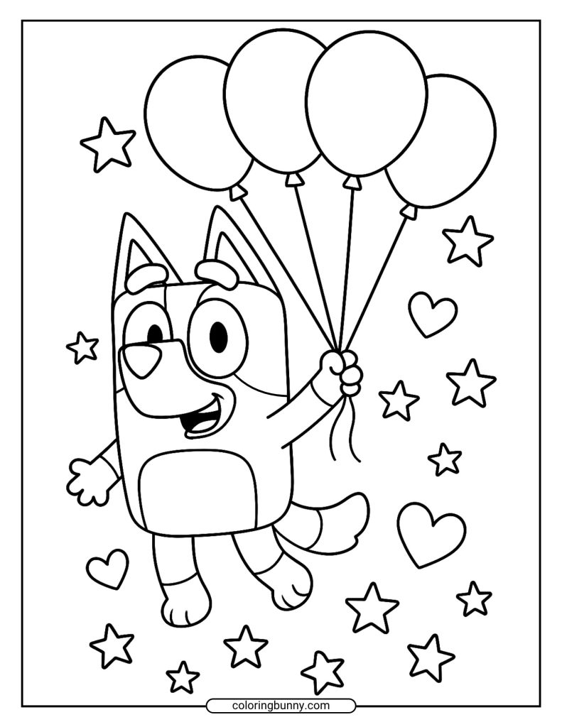Bluey coloring page of Bluey floating in the air while holding a bunch of balloons, surrounded by stars and hearts.