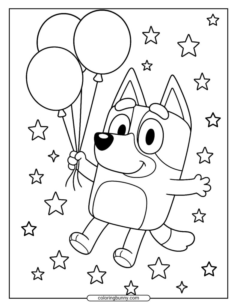 Coloring page of Bluey floating upward, clutching five balloons amid scattered clouds and stars.