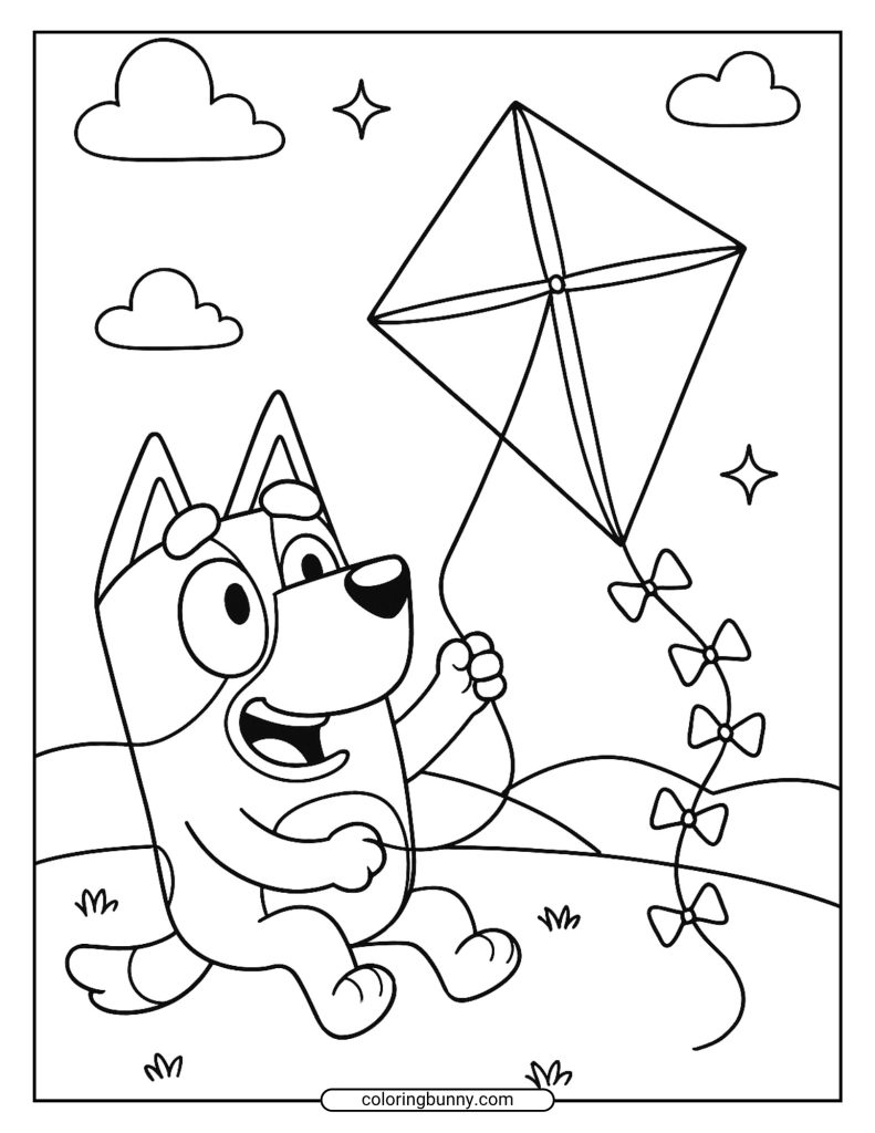 Printable coloring page shows Bluey flying a kite in a field with clouds and stars in the background.