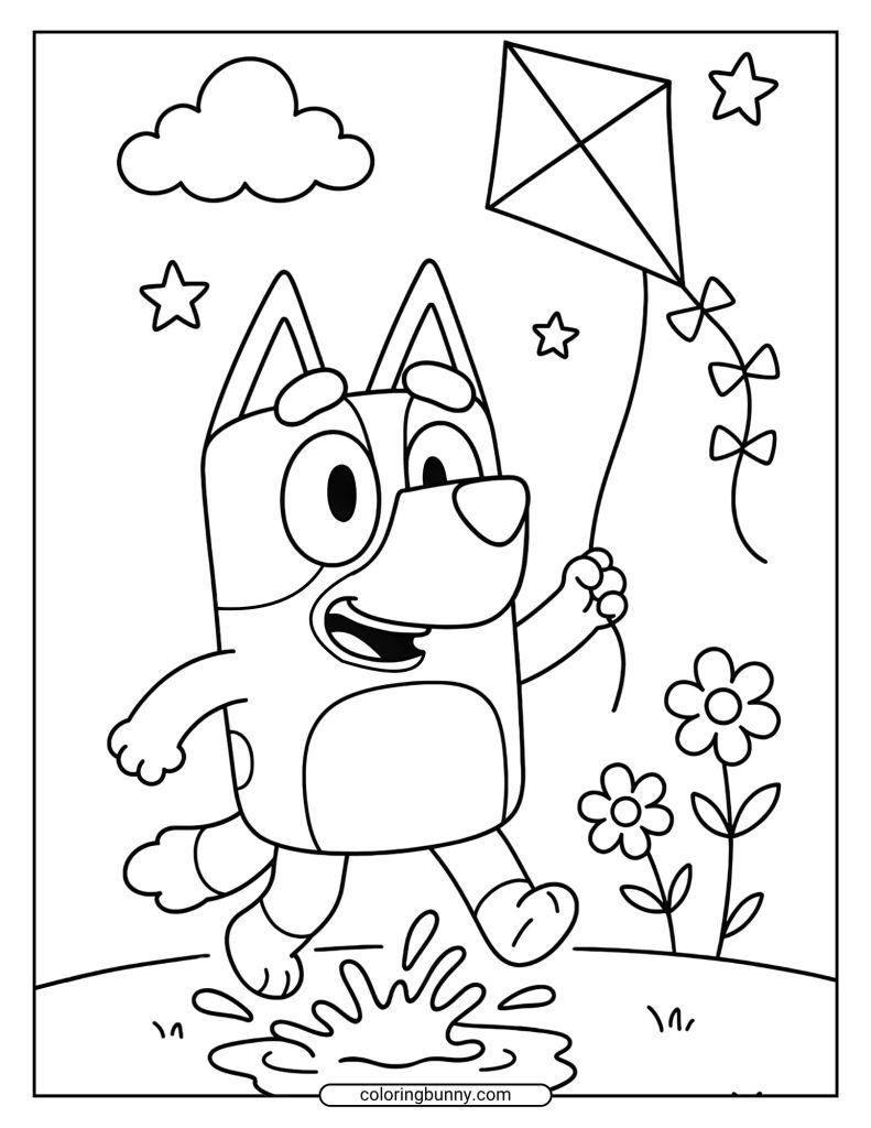 Bluey coloring page of her flying a kite, with a big smile on her face as she walks through a small puddle, leaving splashes behind her.