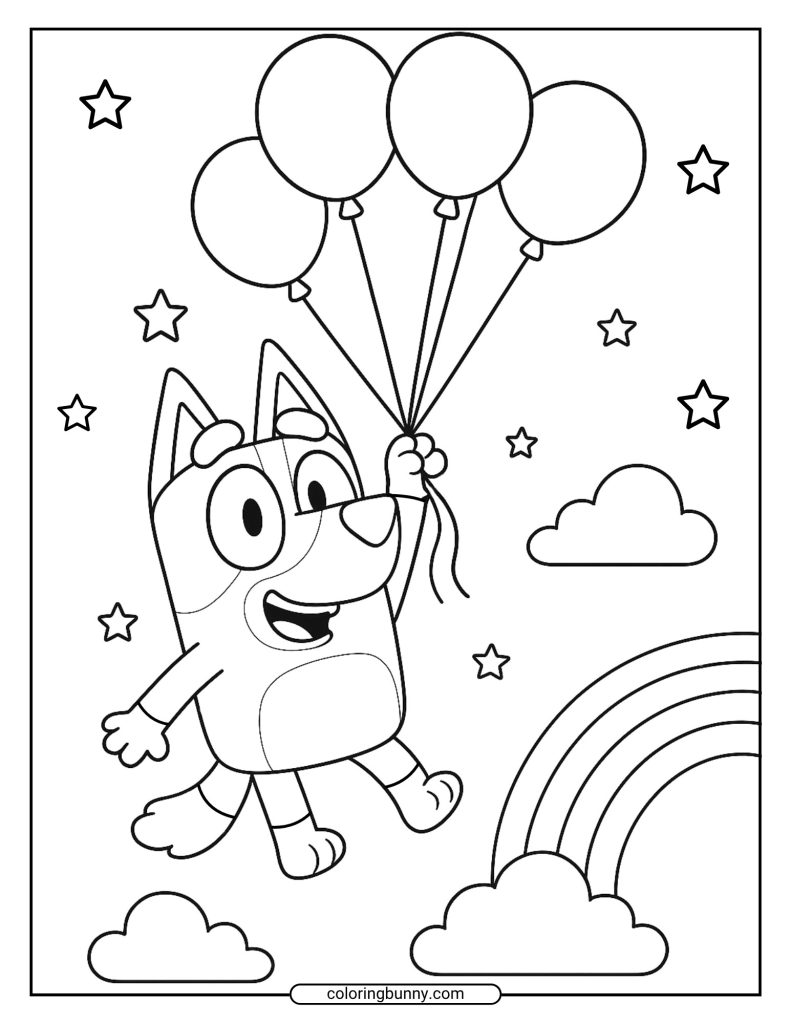 This free printable coloring page features Bluey flying with a bundle of balloons, with a rainbow and clouds in the background.