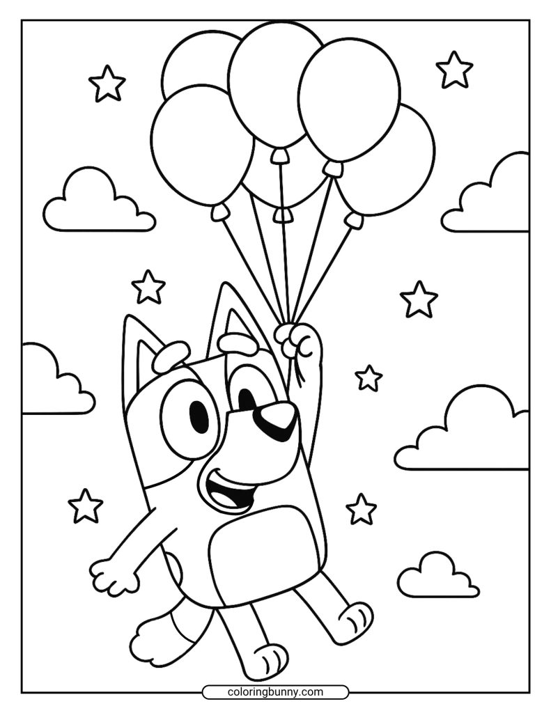 Bluey coloring page with Bluey holding balloons, floating in the sky with stars and clouds