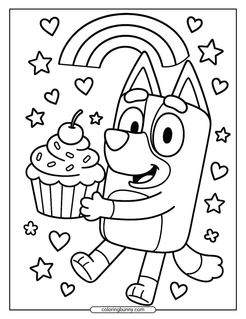 Bluey holding a cupcake with rainbow and stars around coloring page
