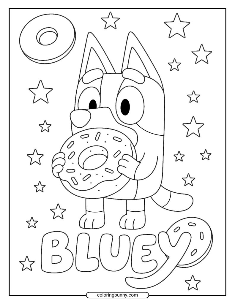 Bluey coloring page with Bluey holding a sprinkled donut, surrounded by stars