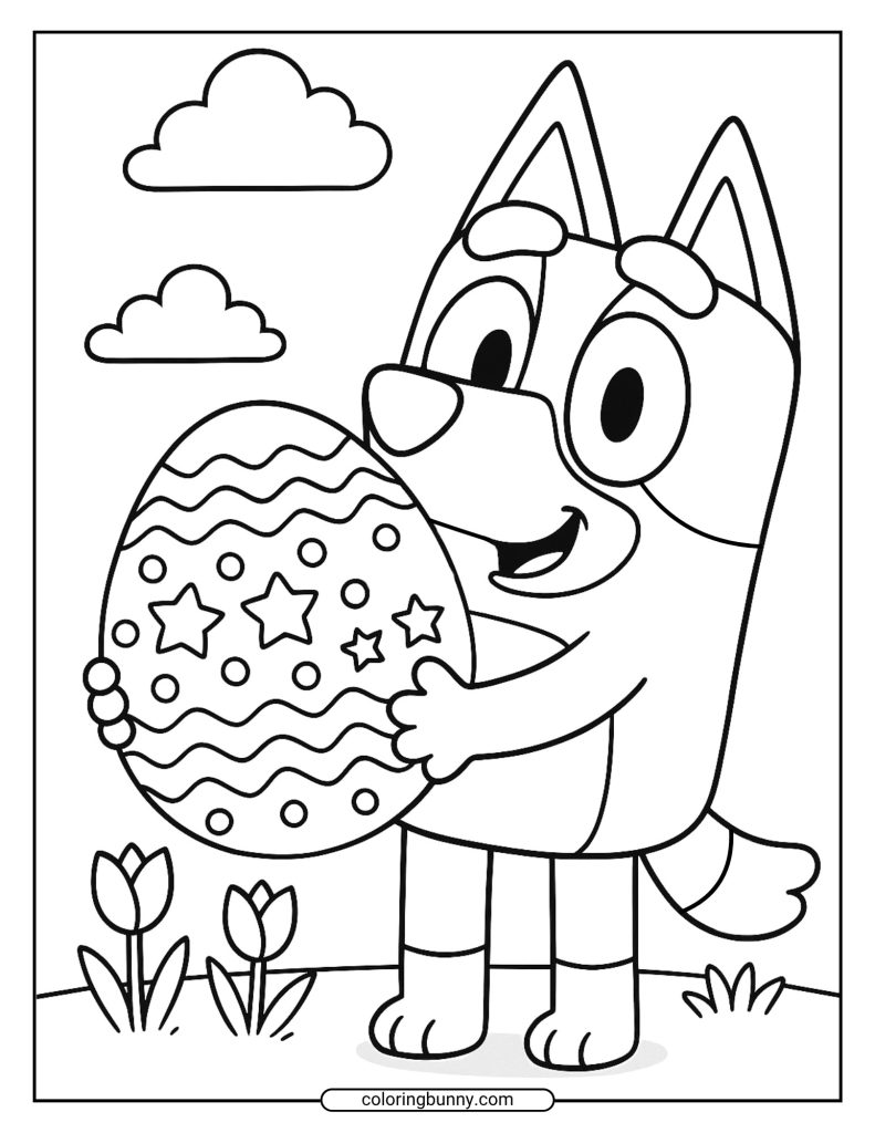 Cheerful coloring page featuring Bluey standing among tulips, happily hugging an oversized decorated Easter egg under puffy clouds.