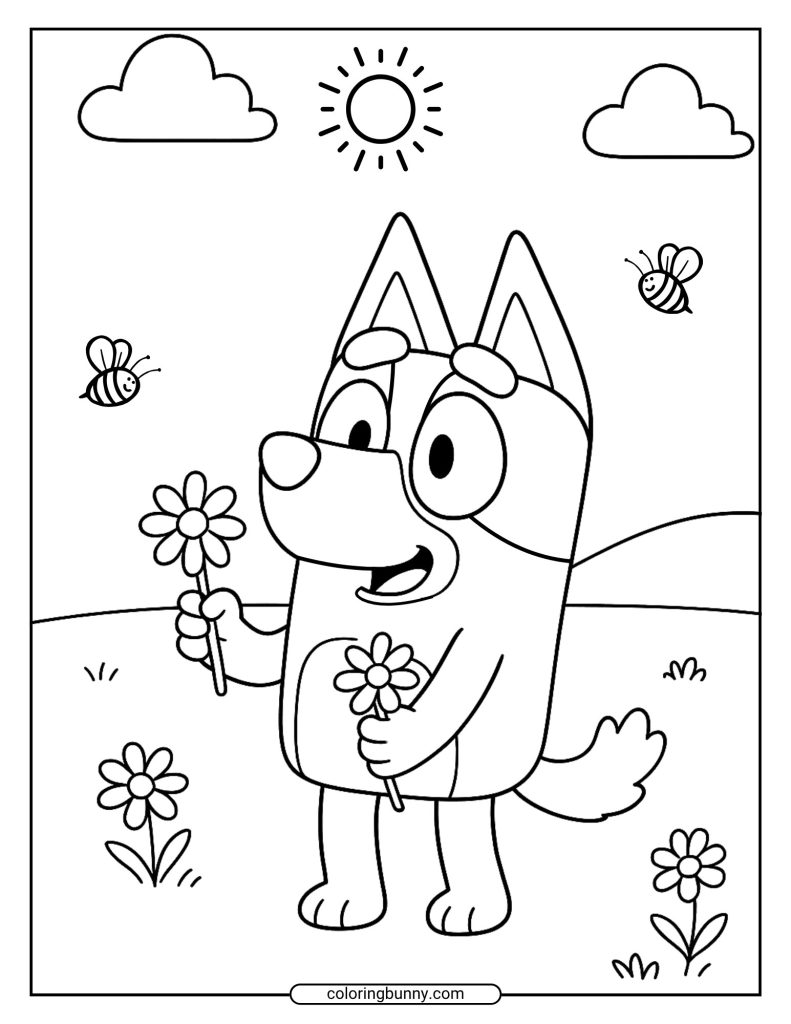 This coloring page shows Bluey standing outside on a sunny day, holding two flowers with bees and clouds in the background.