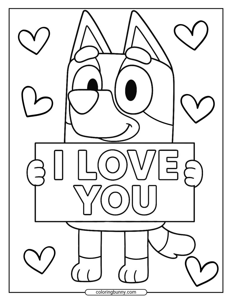 Black and white coloring page of Bluey standing at the beach, pointing to a sandcastle with a bucket, crabs, and seashells around her.