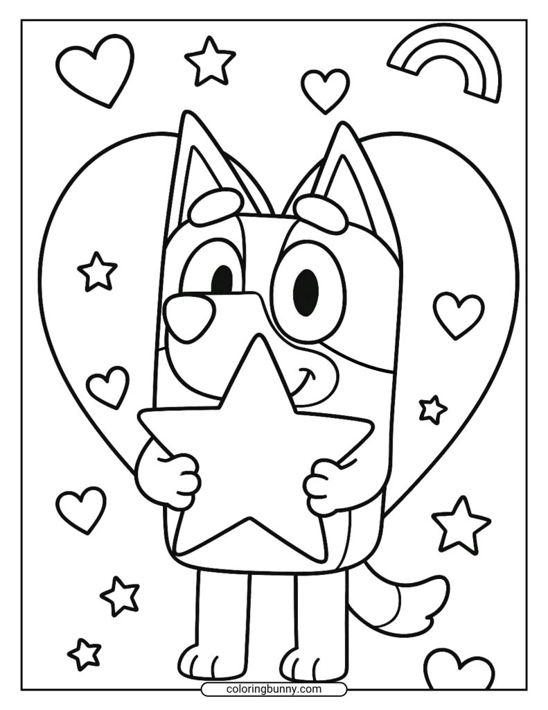 Bluey coloring page with a big star, hearts, rainbow and stars