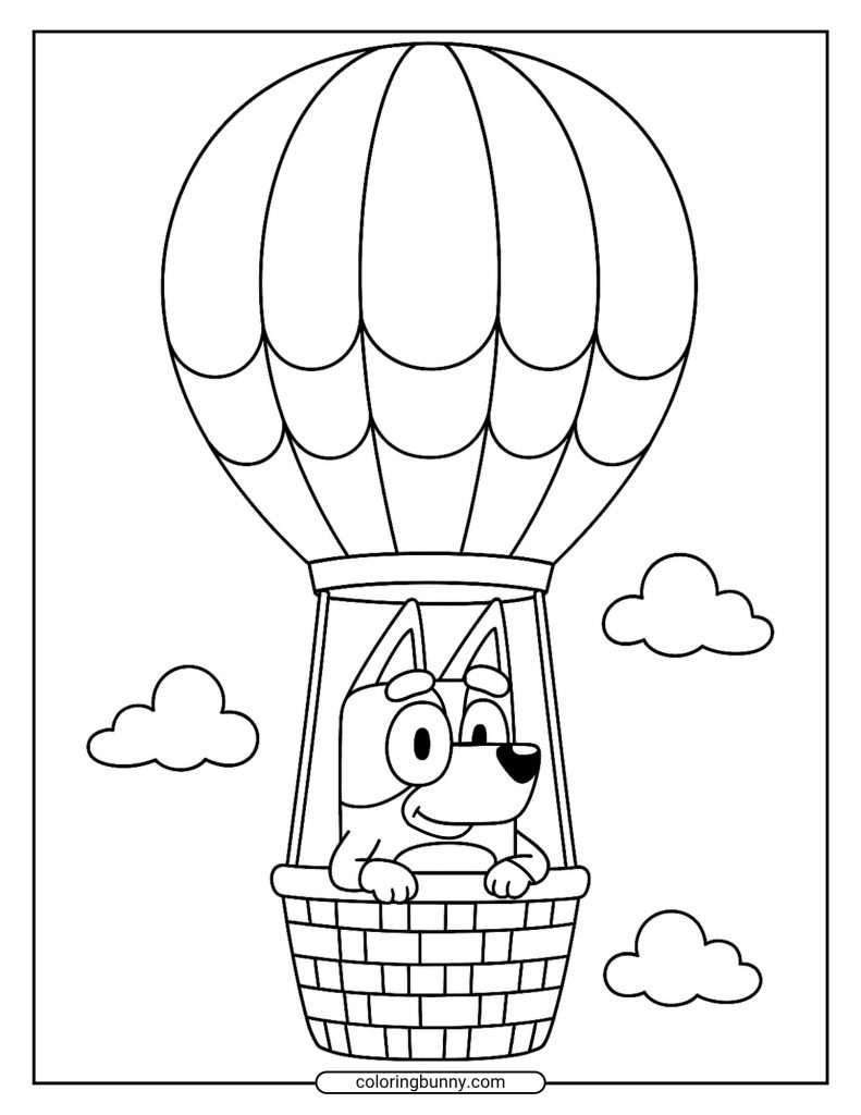 Coloring page of Bluey riding in a hot-air balloon basket, large envelope above and three small clouds surrounding her.