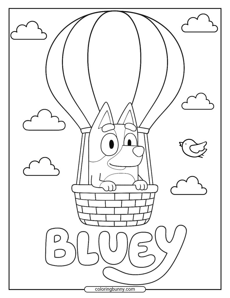 Bluey coloring page with Bluey riding in a hot air balloon surrounded by clouds and a bird