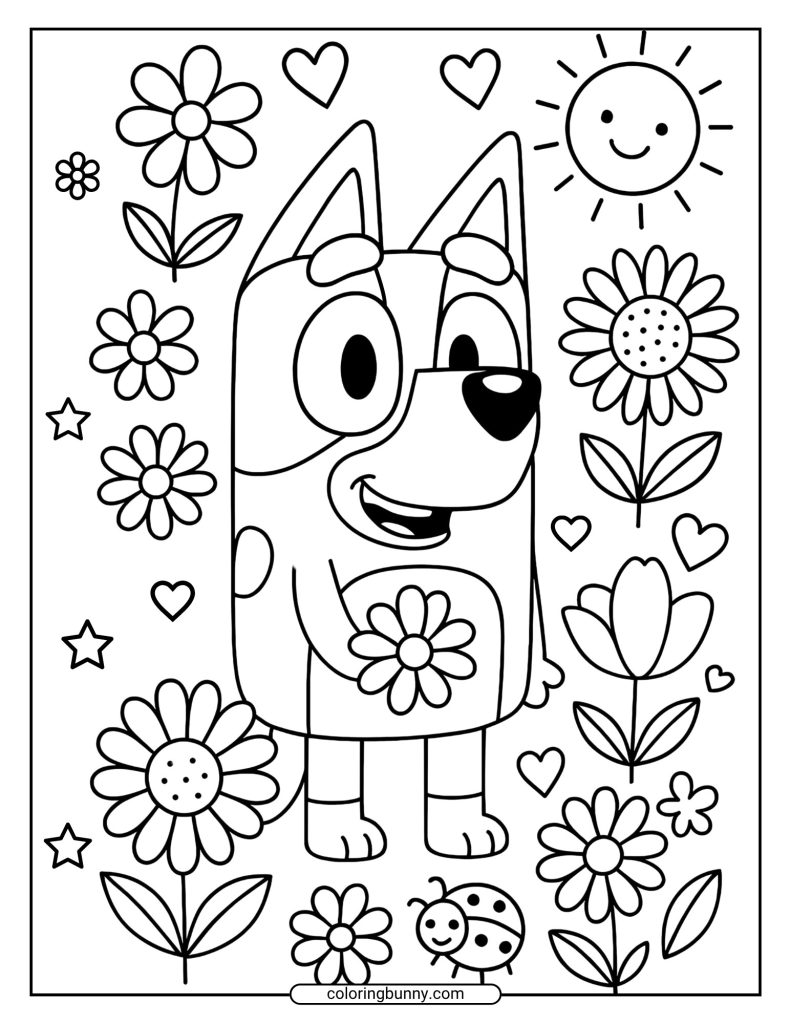 Coloring page of Bluey standing among flowers with a smiling sun, hearts, and a ladybug.