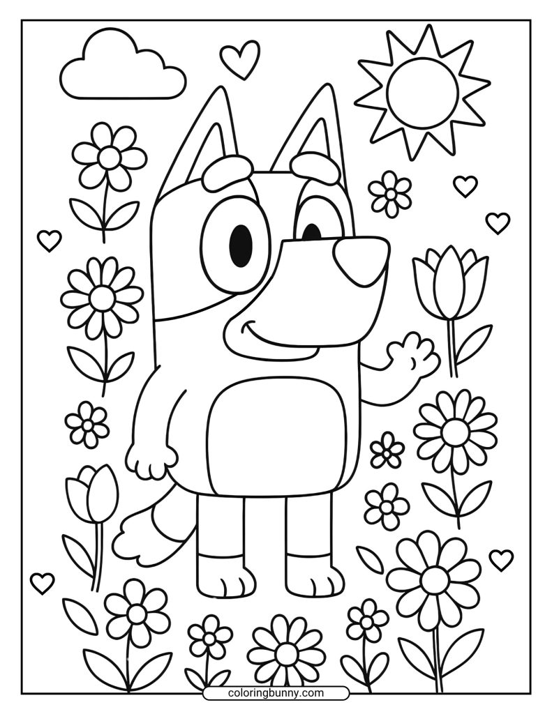 Coloring page shows Bluey smiling and waving while standing in a sunny garden surrounded by many different flowers and hearts.