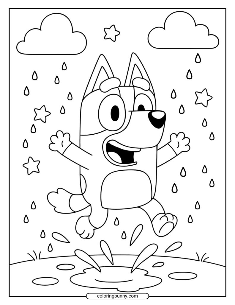 Coloring page of a happy Bluey jumping in a puddle on a rainy day with clouds and stars in the background.