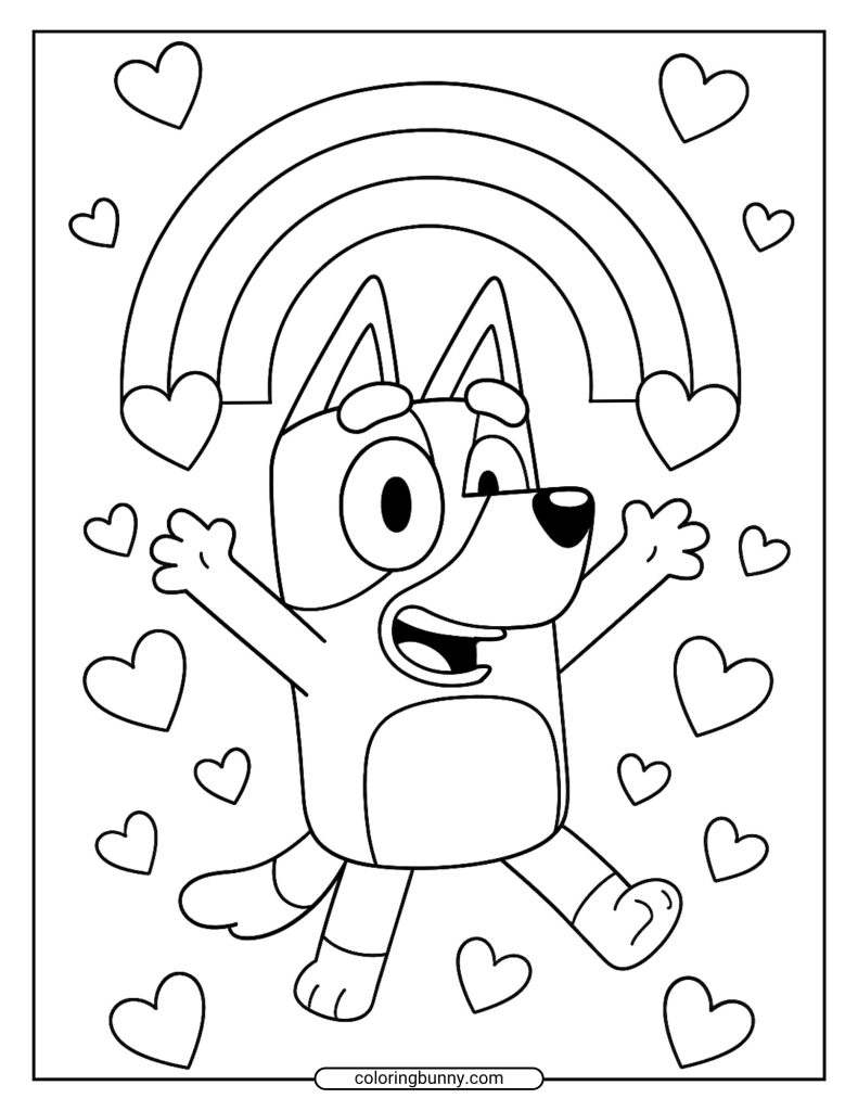 Coloring page of a happy Bluey jumping with her arms out, with a rainbow above her and hearts all around.