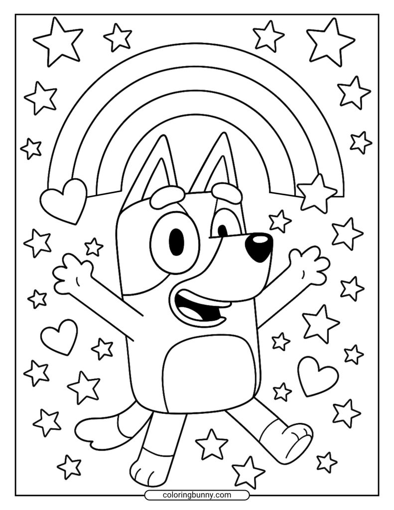 This free printable coloring page shows a happy Bluey jumping with her arms raised, with a rainbow, stars, and hearts surrounding her.