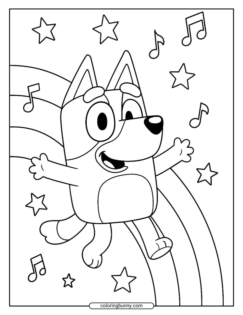 Bluey music and rainbow coloring page with dancing notes and stars