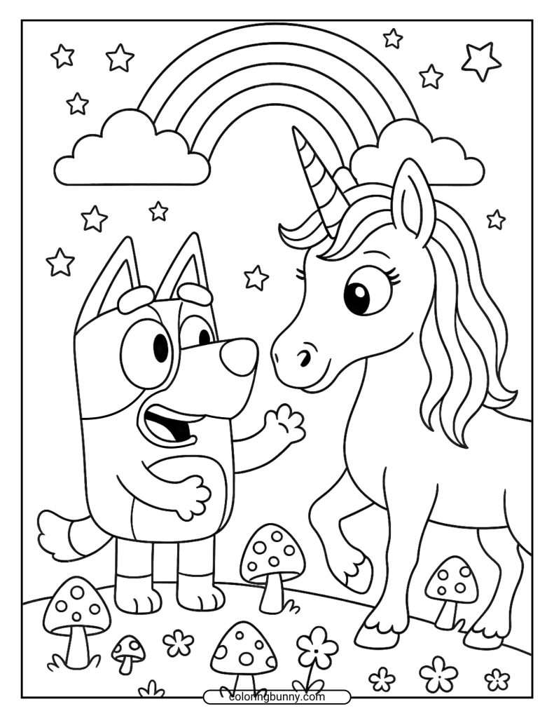 A black and white coloring page of Bluey and a unicorn standing together under a rainbow, surrounded by stars and mushrooms.