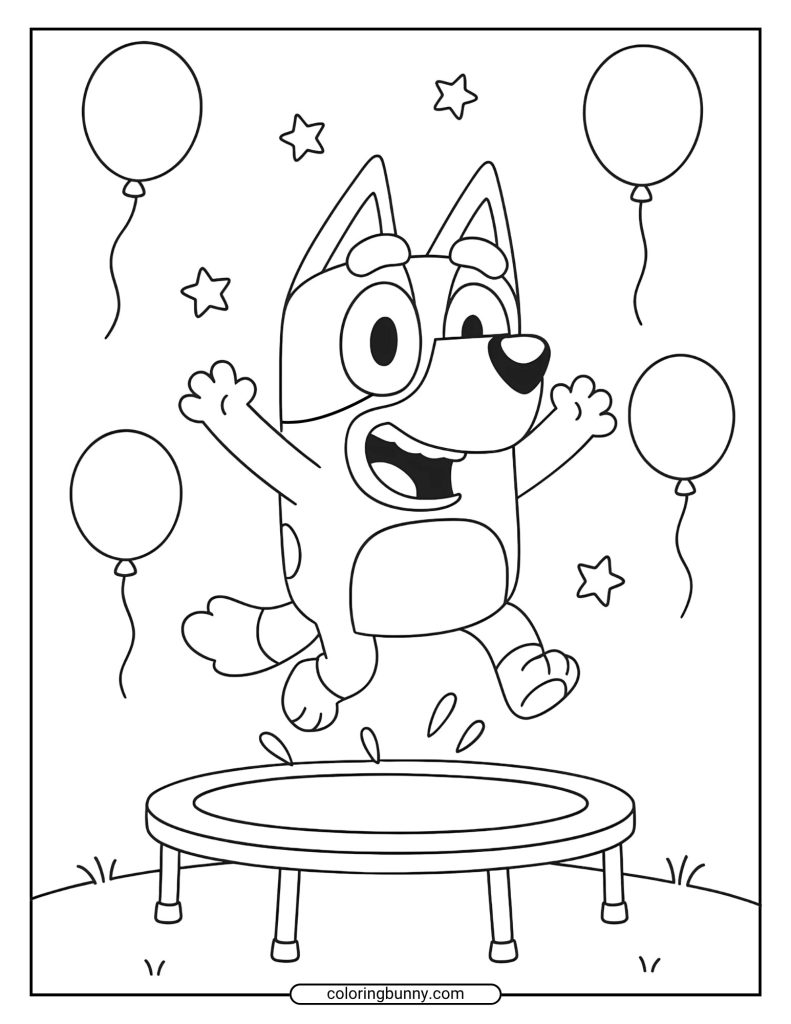 This black and white coloring page shows Bluey jumping on a trampoline, with balloons and stars floating around her.