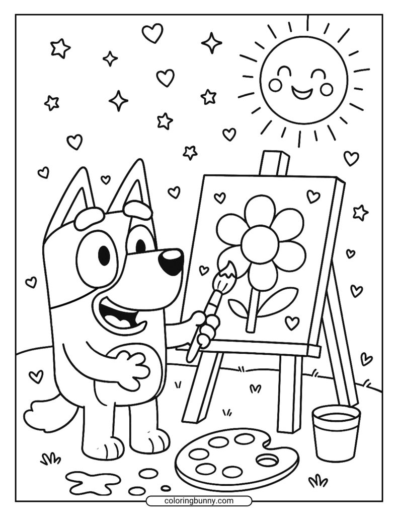 Outdoor coloring page of Bluey painting a flower on a canvas, holding a brush and palette with smiling sun, hearts, and stars around.