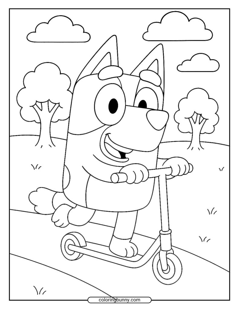 Coloring page shows Bluey riding a scooter through a park with trees and clouds in the background.