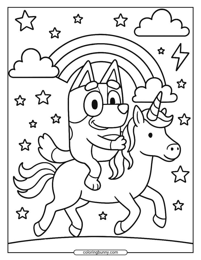 Bluey coloring page with Bluey riding a unicorn under a rainbow and stars
