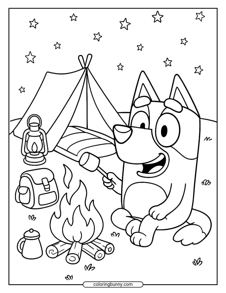 Coloring page of camping scene featuring Bluey sitting by a crackling fire, roasting a marshmallow near a tent, backpack, lantern, and kettle beneath bright stars.