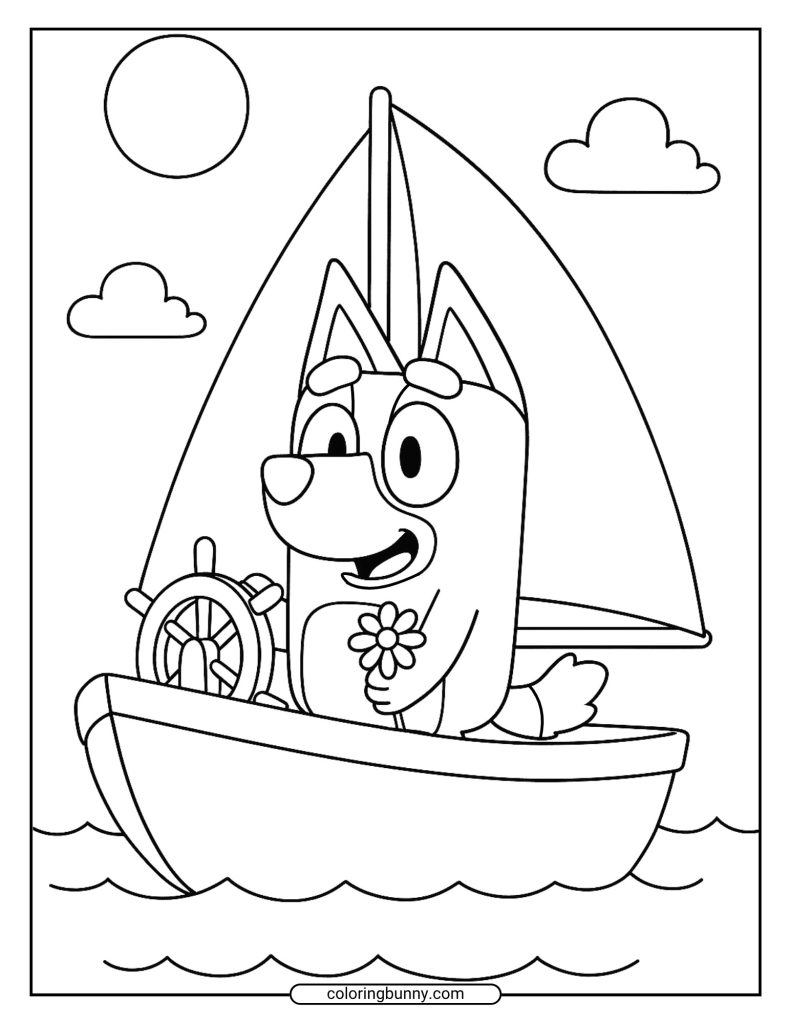 This free printable coloring page shows Bluey sailing a small boat, with a large sun and a flower nearby.