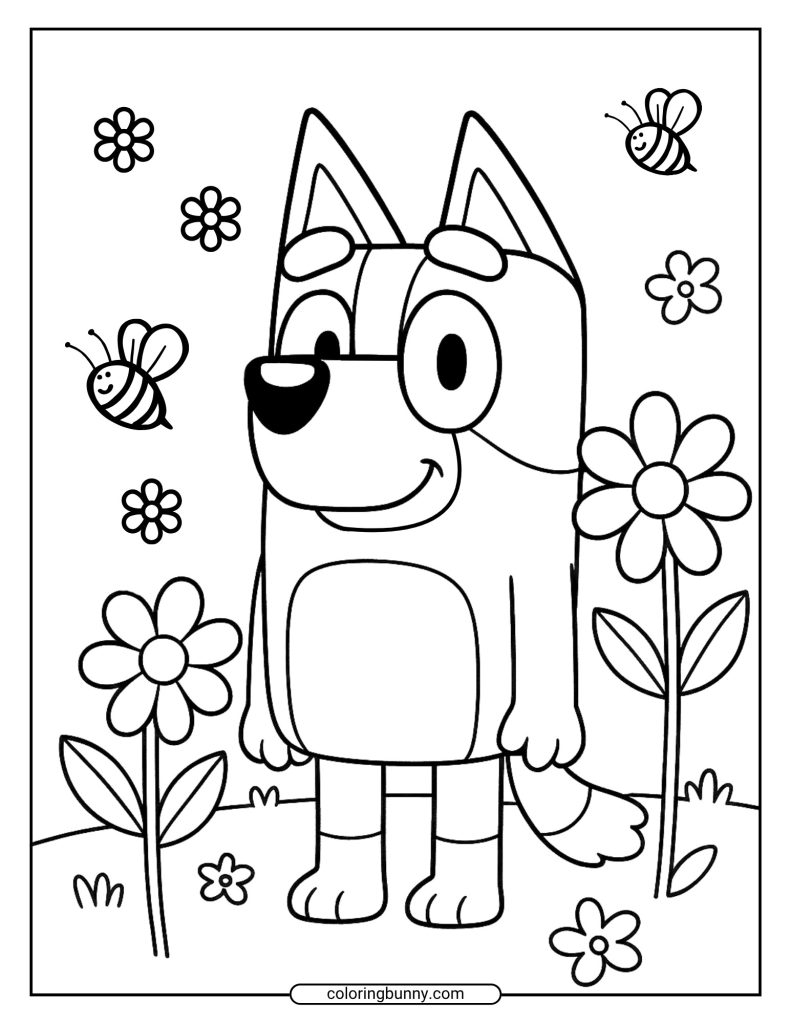 Bluey standing in a flower garden with bees flying around coloring page