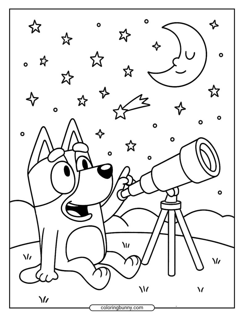 Bluey coloring page with Bluey looking through a telescope at stars and the moon