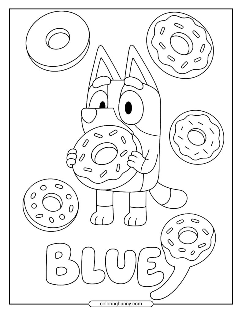 Coloring page of Bluey holding a sprinkled donut while several donuts float around and his name appears below.