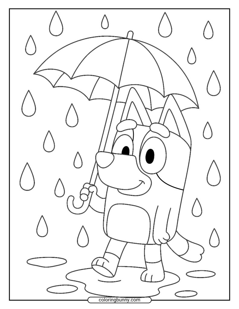 Bluey coloring page with Bluey walking with an umbrella in the rain