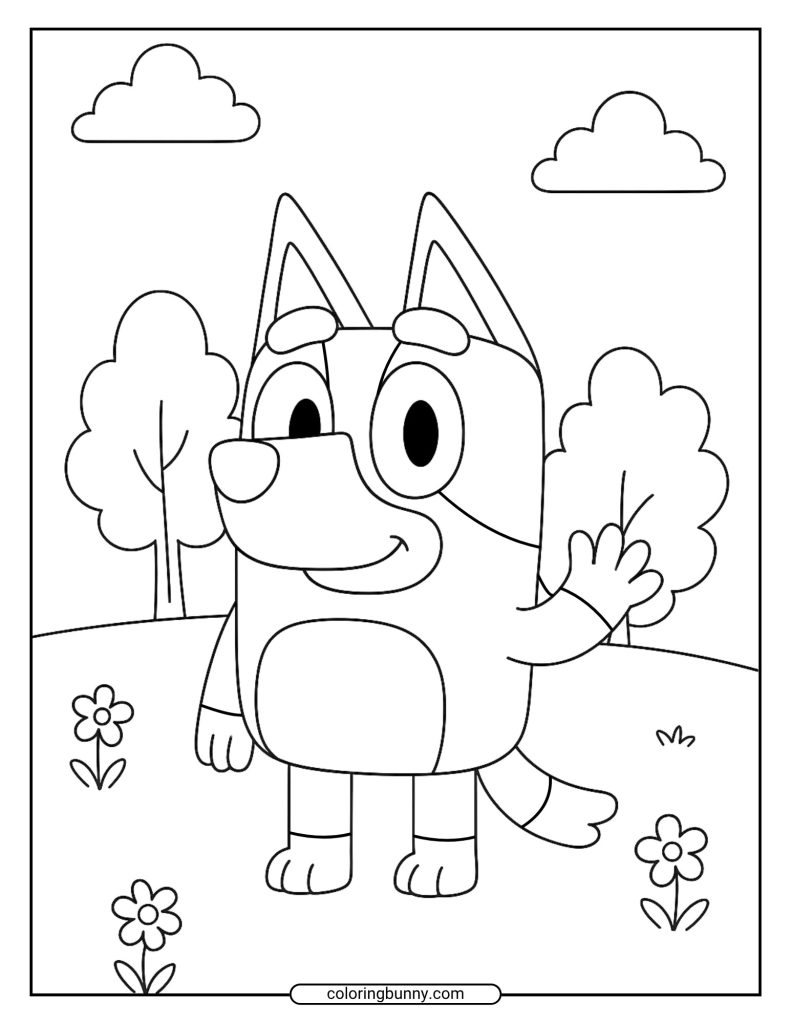 Bluey coloring page with Bluey waving in a grassy field with trees and clouds
