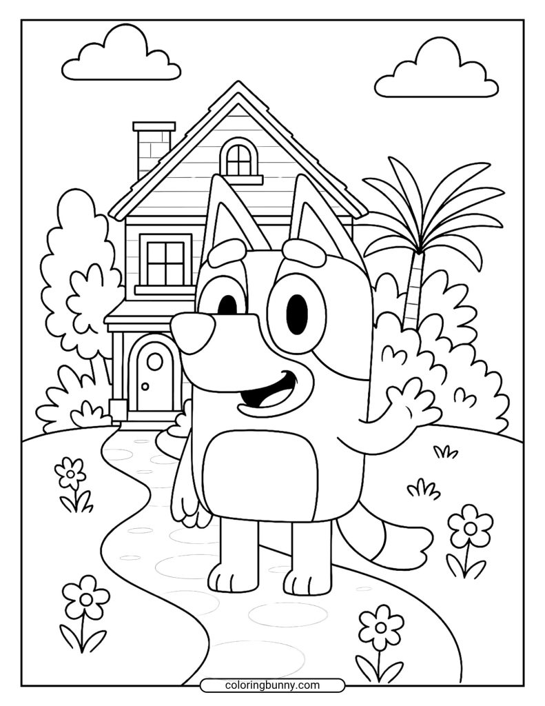 A coloring page of Bluey waving in a field with flowers, trees, and clouds in the background.